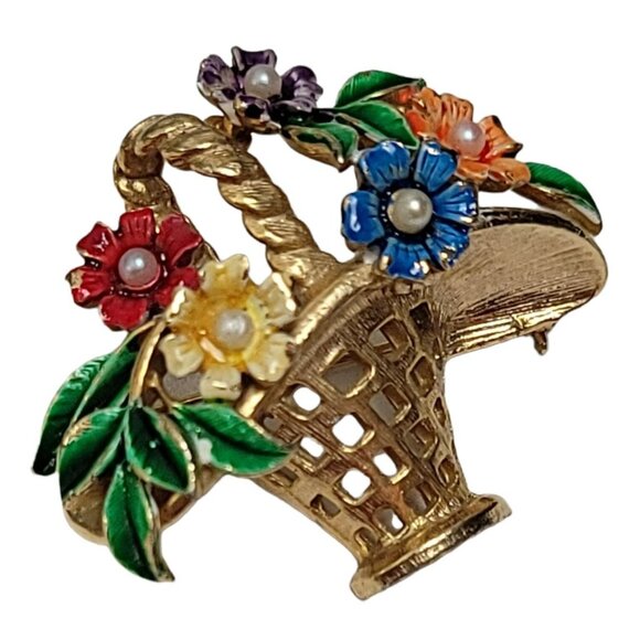 St. Labre Gold Tone Multicolor Enamel Clear Rhinestone Basket of Flowers Brooch - Picture 3 of 9